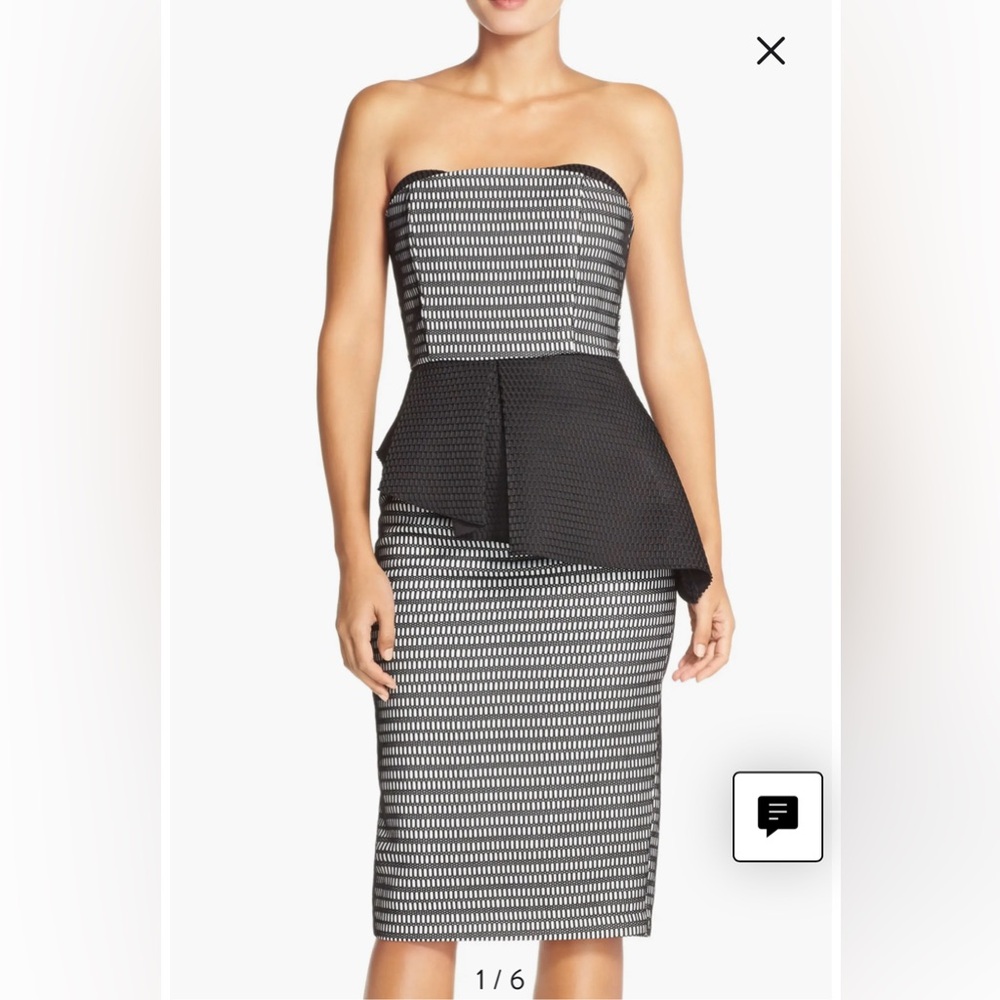 Elliatt "Departure' Peplum Fused Mesh Midi Sheath Dress, black & white - size M
